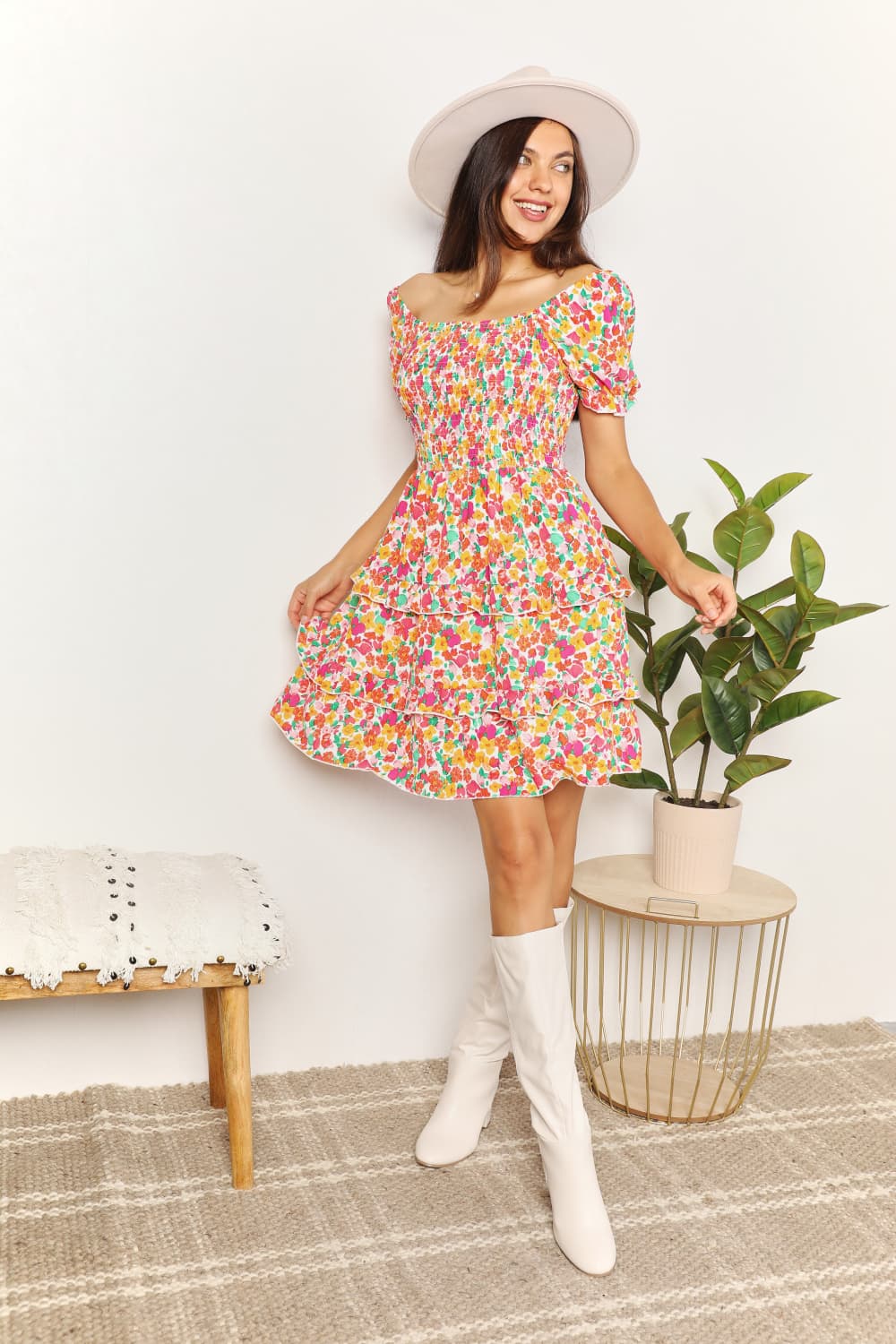 Devine Smocked Sweetheart Neck Flounce Sleeve Mini Dress - Brittney MADE