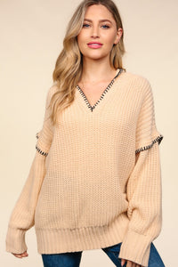 Haptics Contrast Stitching Long Sleeve Hooded Sweater - Brittney MADE