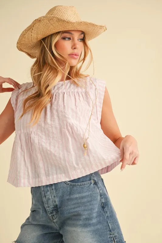 Aemi+Co Ruched Striped Round Neck Sleeveless Top - Brittney MADE