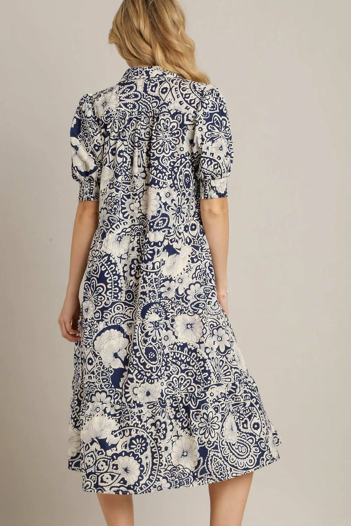 Umgee Full Size Printed Smocked Cuff Puff Sleeve Midi Dress Plus Size - Brittney MADE