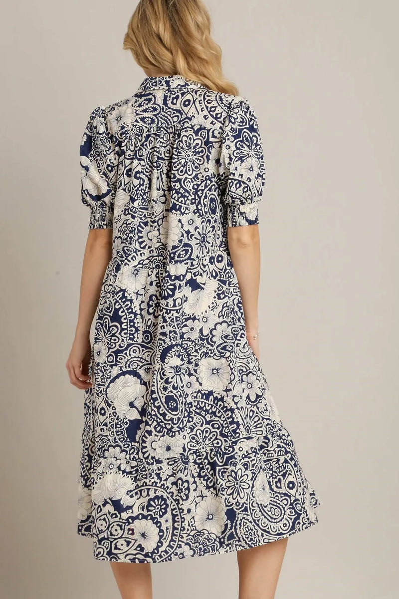 Umgee Full Size Printed Smocked Cuff Puff Sleeve Midi Dress Plus Size - Brittney MADE