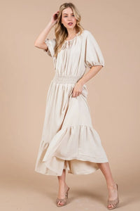 Ces Femme Smocked Elastic Waist Tie Neck Puff Sleeve Dress - Brittney MADE