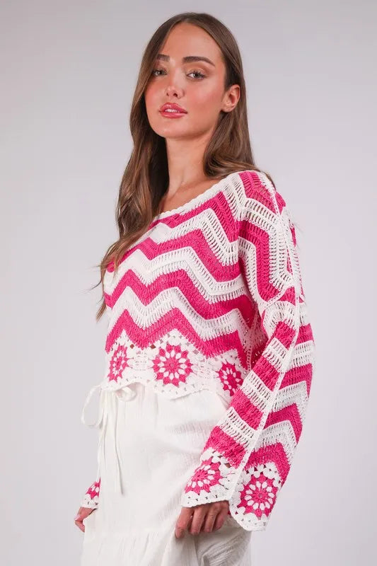 VERY J Chevron/Floral Pattern Crochet Knit Top - Brittney MADE