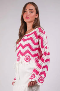 VERY J Chevron/Floral Pattern Crochet Knit Top - Brittney MADE