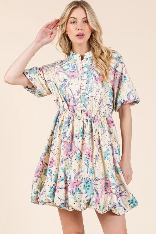 GeeGee Floral Eyelet Lace Puff Sleeve Mini Shirt Dress - Brittney MADE