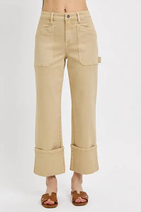 RISEN Full Size High Rise Wide Straight Cuffed Patch Jeans Plus Size - Brittney MADE