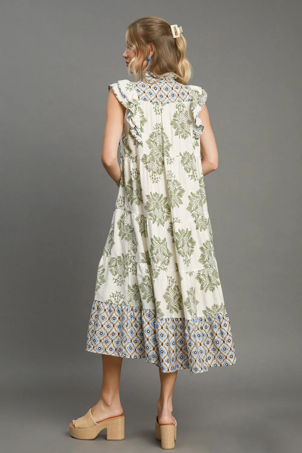 Umgee Full Size Mixed Print Ruffle Cap Sleeve Midi Dress Plus Size - Brittney MADE