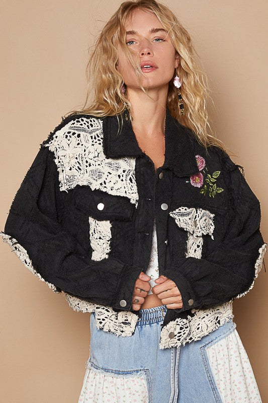 POL Crochet Patch Embroidered Button Up Jacket - Brittney MADE