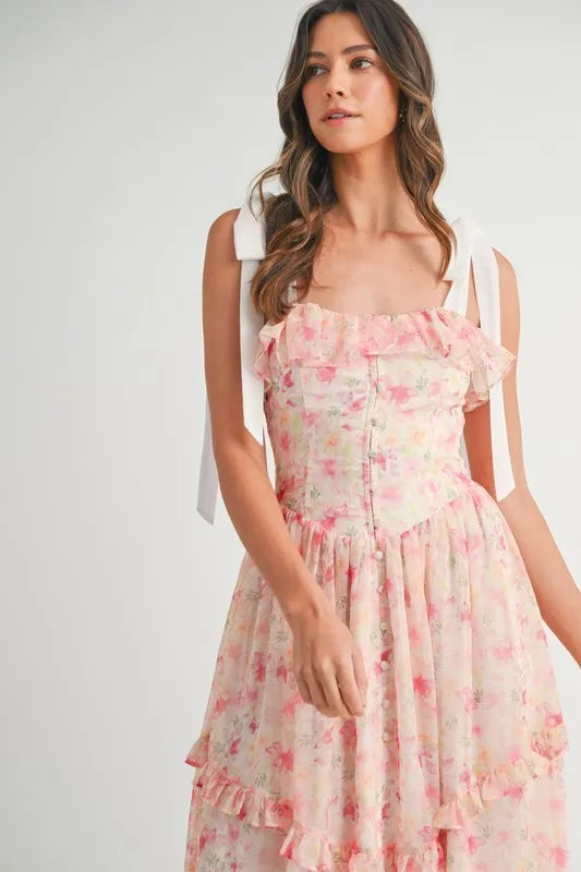 MABLE Floral Printed Shoulder Strap Midi Dress - Brittney MADE