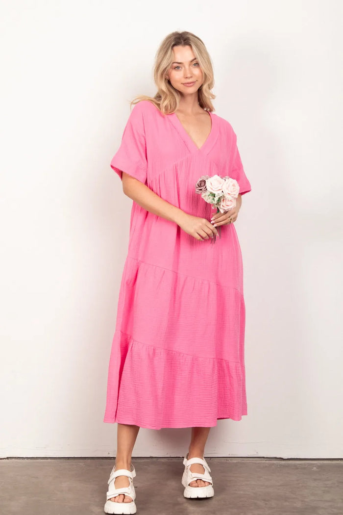 VERY J Soft Crinkle Gauze Short Sleeve Midi Dress - Brittney MADE