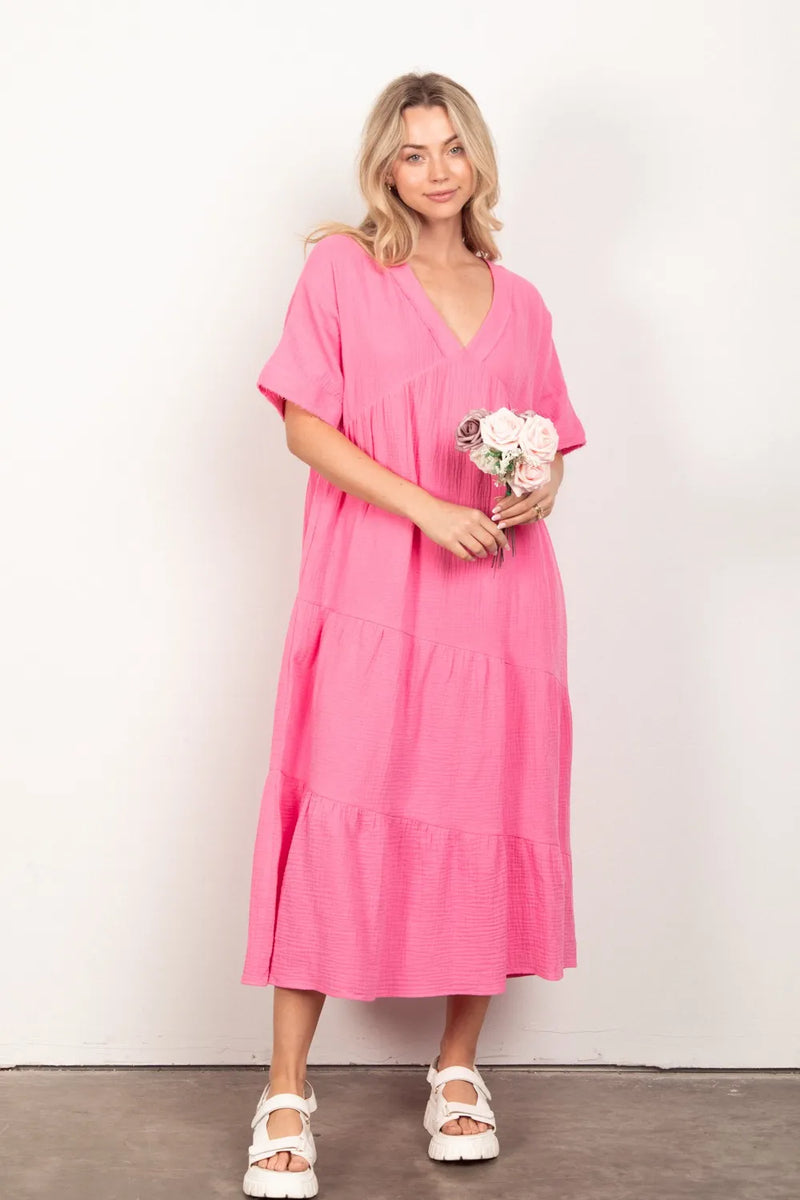 VERY J Soft Crinkle Gauze Short Sleeve Midi Dress - Brittney MADE