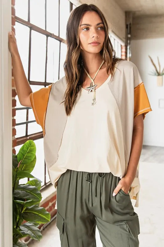 Mittoshop Color Block V-Neck Short Sleeve T-Shirt - Brittney MADE