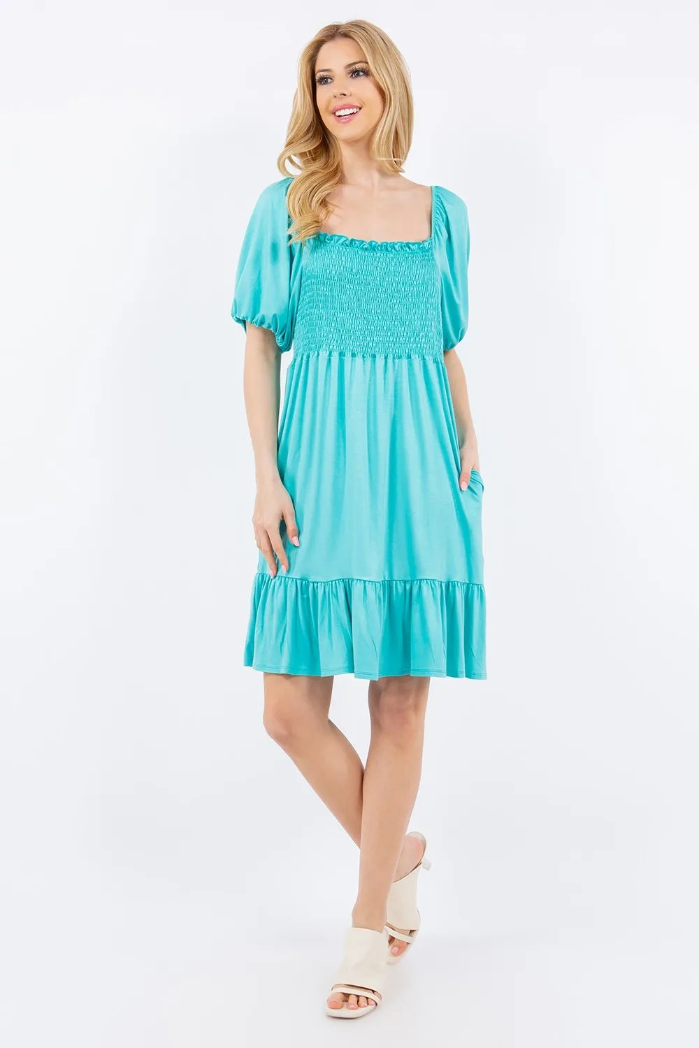 Celeste Full Size Smocked Square Neck Puff Sleeve Ruffle Hem Dress Plus Size - Brittney MADE