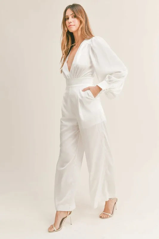 MABLE Long Sleeve Deep V Neck Satin Jumpsuit - Brittney MADE