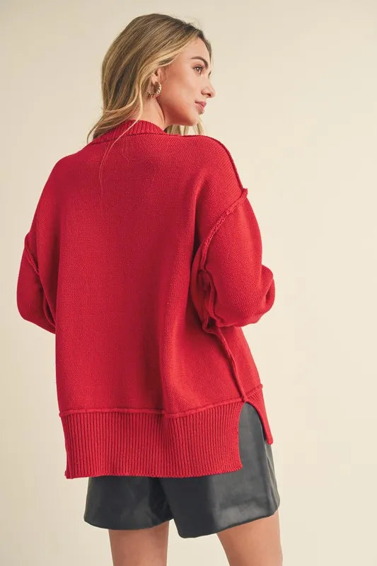 Aemi+Co Ribbed Hem Side Slit Round Neck Sweater - Brittney MADE