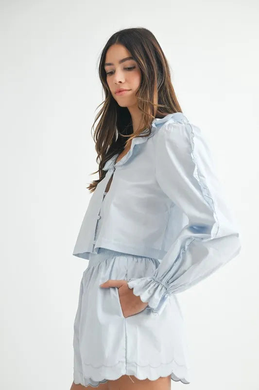 MABLE Long Sleeve Scallop Blouse and Shorts Set - Brittney MADE