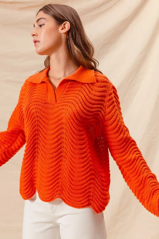 SO ME Notched Collar Wavy Texture Sweater Top - Brittney MADE