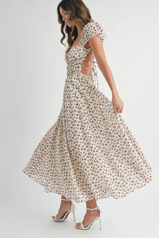 MABLE Floral Print Puff Sleeve Gathered Midi Dress - Brittney MADE