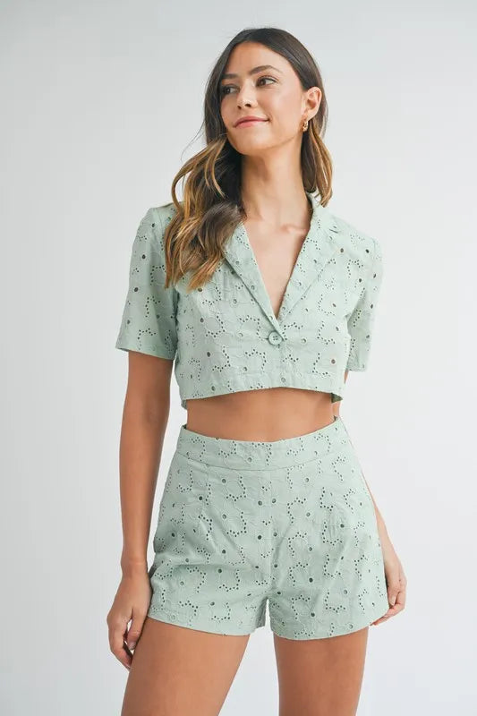 MABLE Eyelet Short Sleeve Crop Top and Shorts Set - Brittney MADE