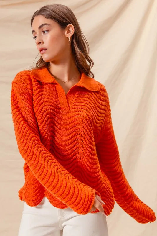 SO ME Notched Collar Wavy Texture Sweater Top - Brittney MADE