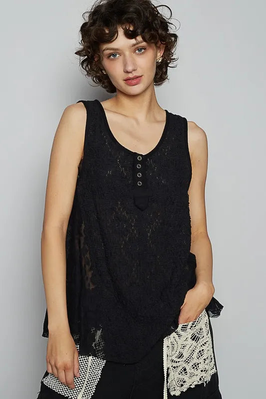 POL Crochet Lace Mix Button Detail Round Neck Tank - Brittney MADE