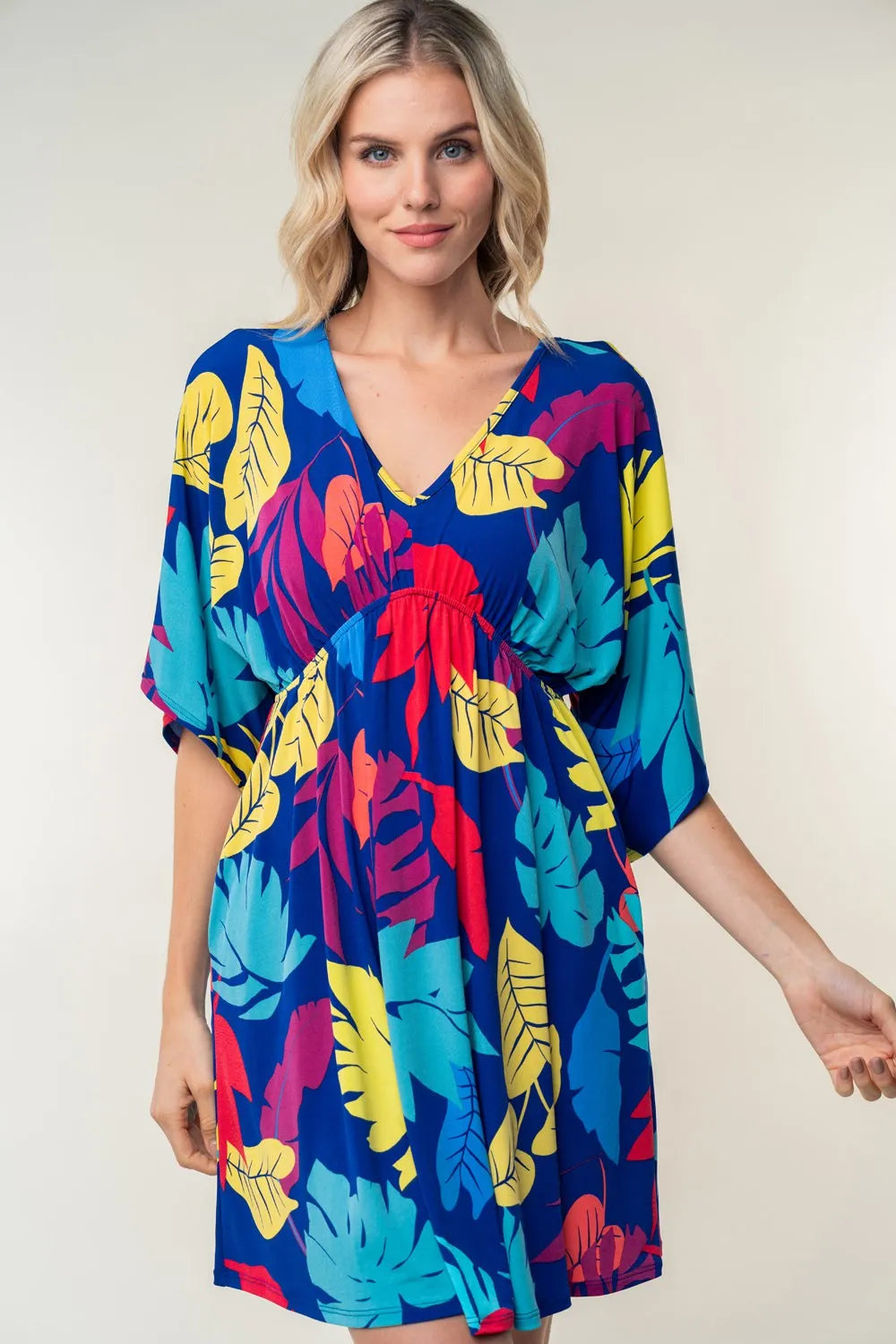 White Birch Full Size Printed V-Neck Mini Dress - Brittney MADE
