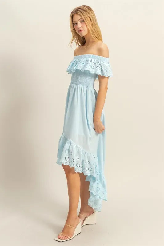 HYFVE High-Low Eyelet Ruffled Off-Shoulder Dress - Brittney MADE