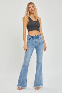 Risen Full Size High Rise Frayed Hem Flare Jeans - Brittney MADE
