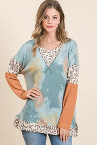 BiBi Tie-Dye Leopard Terry Round Neck Long Sleeve T-Shirt - Brittney MADE