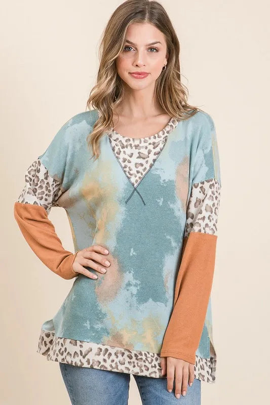 BiBi Tie-Dye Leopard Terry Round Neck Long Sleeve T-Shirt - Brittney MADE