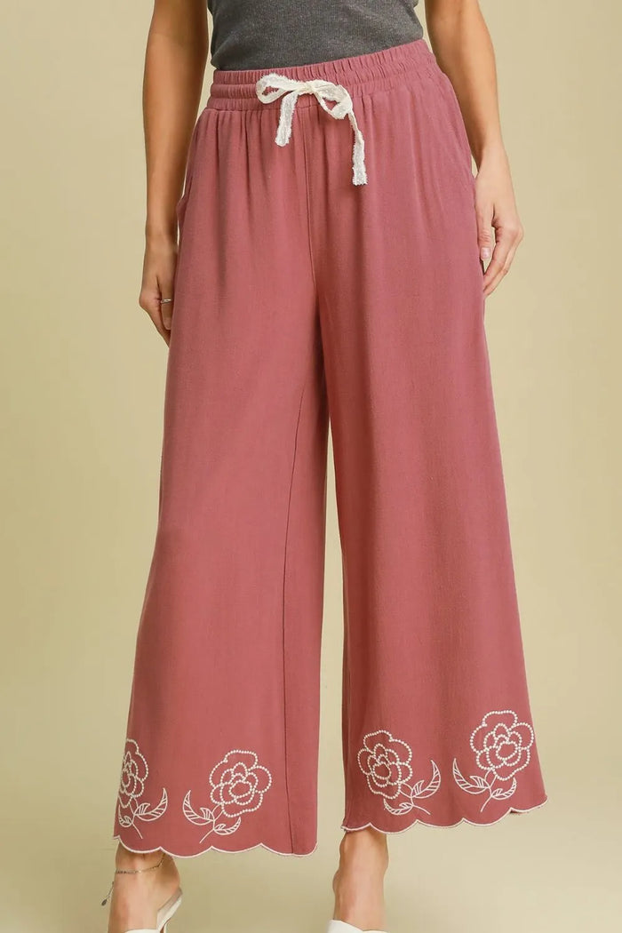 Umgee Full Size Linen Blend Wide Leg Pants with Scalloped Hemline Plus Size - Brittney MADE