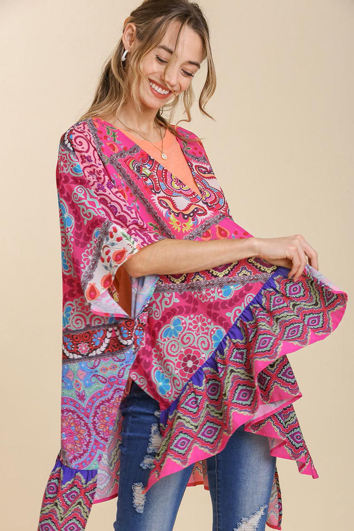 Umgee Full Size Mixed Print Ruffle Hem Open Front Cover Up Plus Size - Brittney MADE