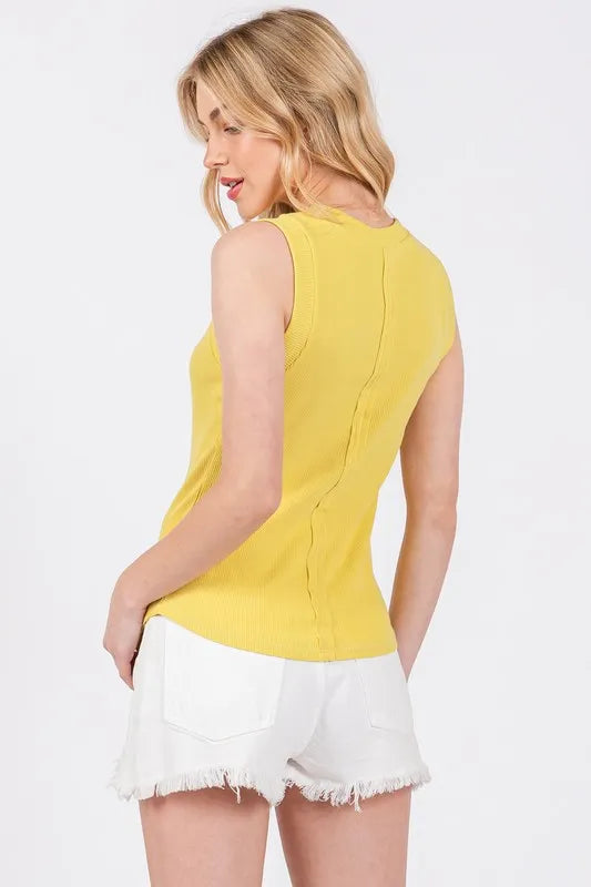 Ces Femme Stitch Detail Half Button Ribbed Tank - Brittney MADE