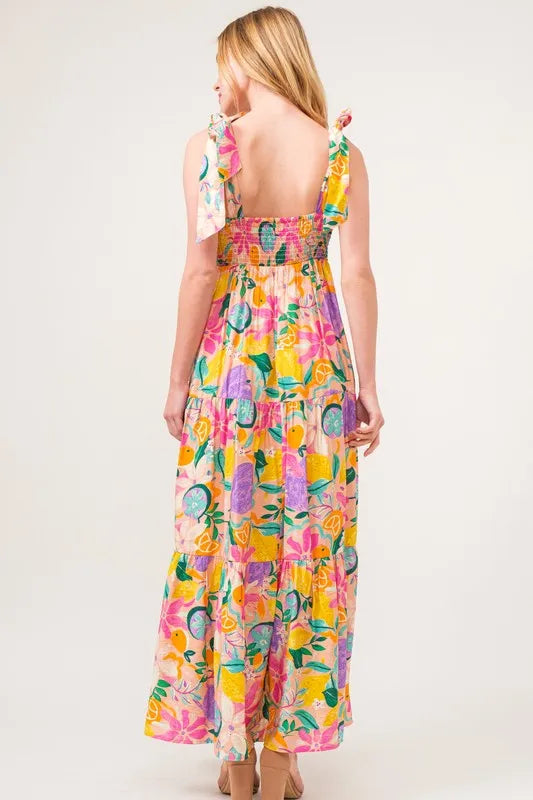 And The Why Shoulder Strap Tropical Fruit Printed Tiered Maxi Dress - Brittney MADE