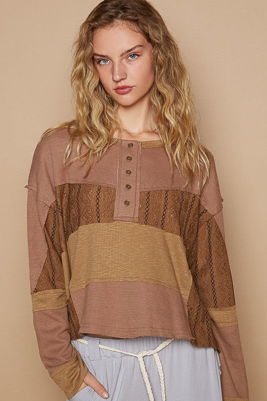 POL Half Button Color Block Drop Shoulder Knit Top - Brittney MADE