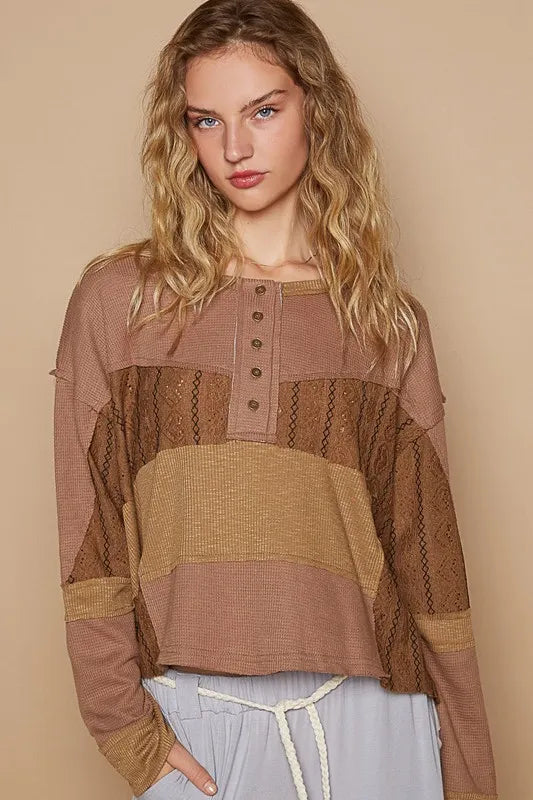 POL Half Button Color Block Drop Shoulder Knit Top - Brittney MADE