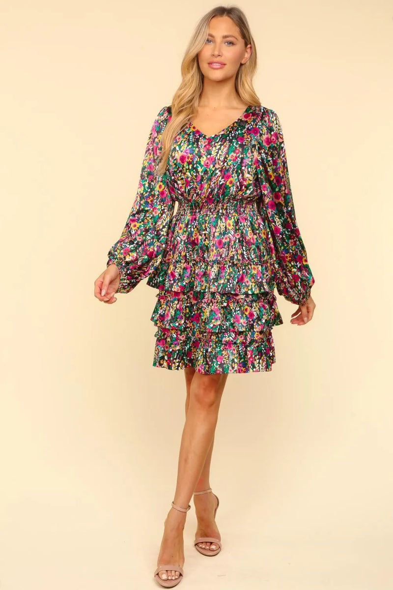 Haptics V-Neck Satin Floral Layered Dress - Brittney MADE