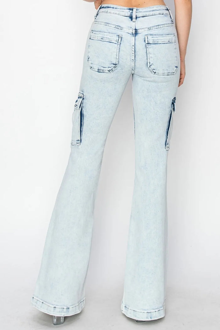 RISEN Full Size High Rise Cargo Flare Jeans - Brittney MADE