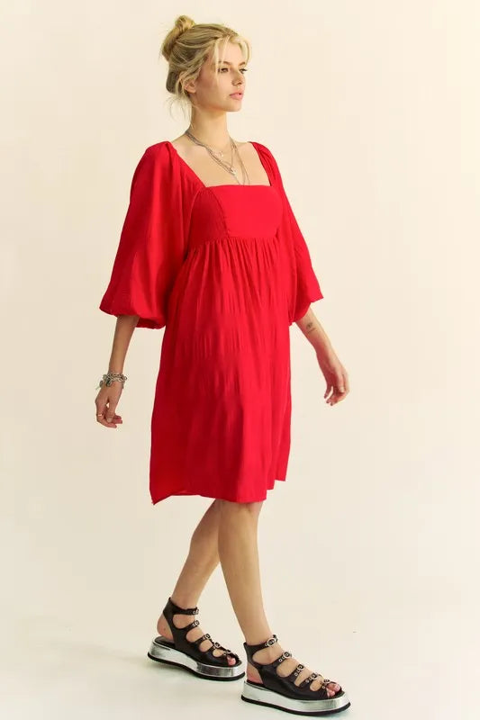 Davi & Dani Solid Textured Fabric Puff Sleeve Tie Back Dress - Brittney MADE