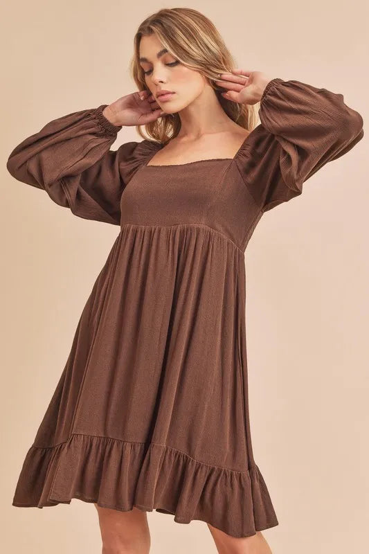 Aemi + Co Ruffled Hem Square Neck Balloon Sleeve Mini Dress - Brittney MADE