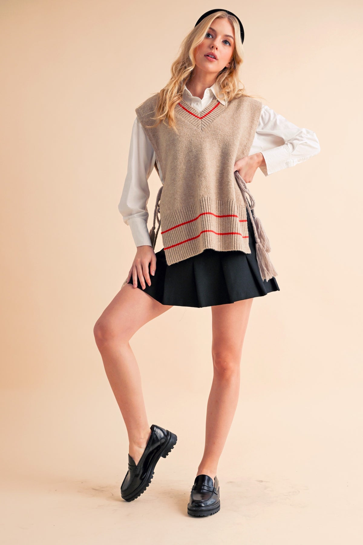 Aemi + Co Ribbed V-Neck Sweater Vest with Tassel - Brittney MADE