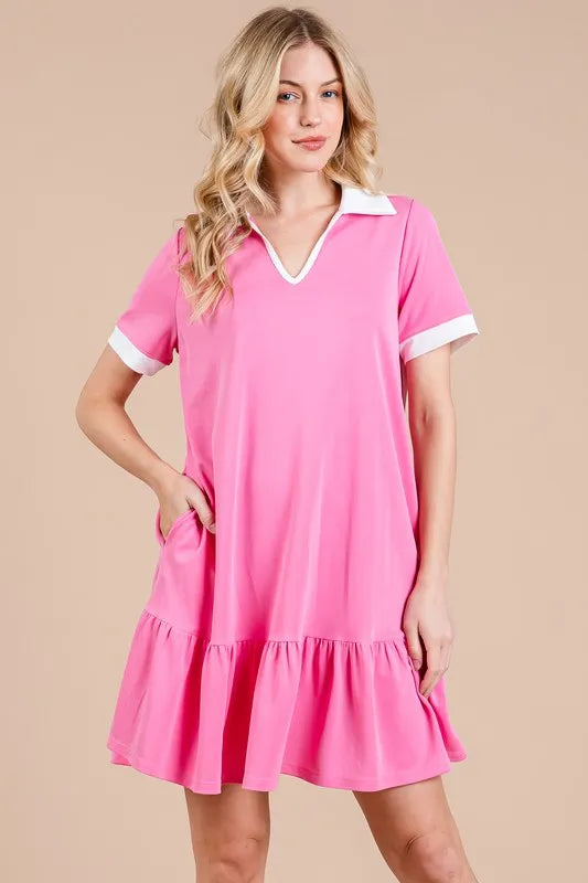 Ces Femme Ruffled Hem Johnny Collar Short Sleeve Dress - Brittney MADE