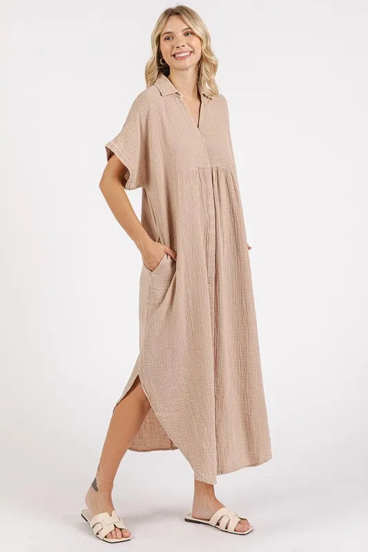 Mittoshop Mineral Wash V Neck Button Up Midi Shirt Dress - Brittney MADE