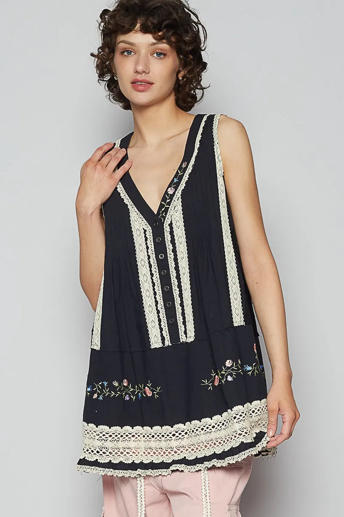 POL Embroidered Lace Detail V-Neck Sleeveless Top - Brittney MADE