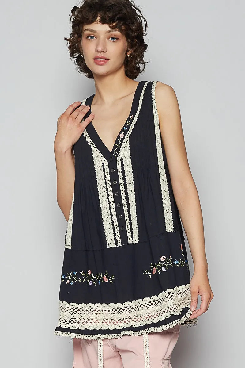 POL Embroidered Lace Detail V-Neck Sleeveless Top - Brittney MADE