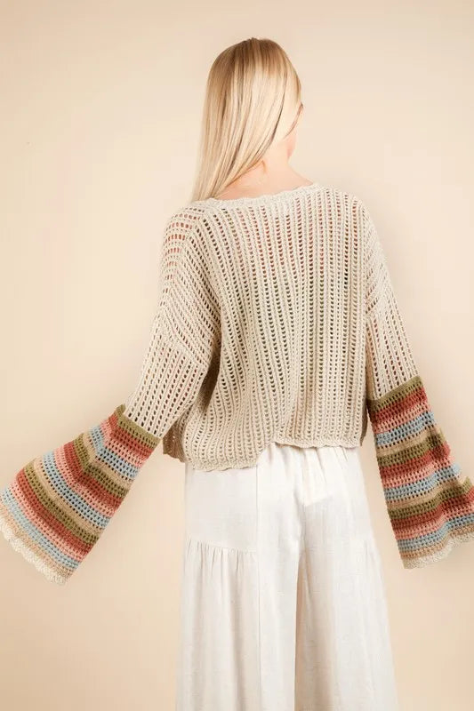 VERY J Color Block Bell Sleeve Openwork Cardigan - Brittney MADE