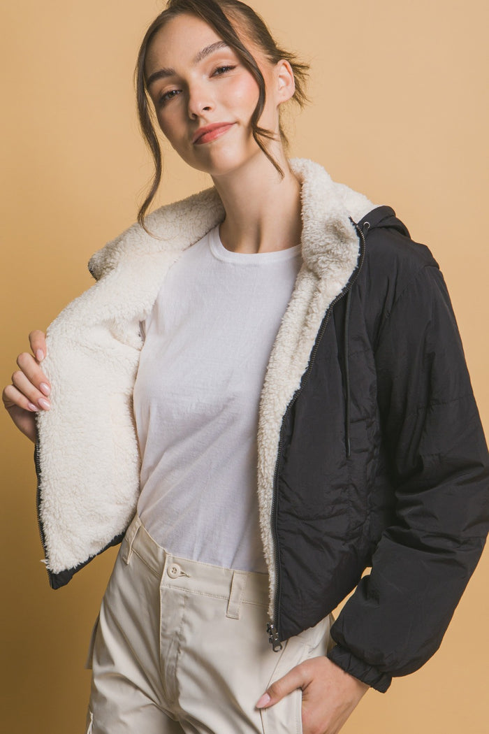 Love Tree Zip Up Cropped Hooded Sherpa Reversible Jacket - Brittney MADE