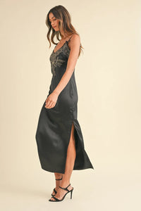 Mable Embroidered Cami Satin Midi Slit Dress - Brittney MADE