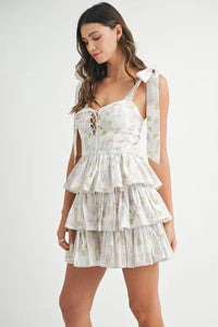 MABLE Floral Print Shoulder Tie Layered Mini Dress - Brittney MADE