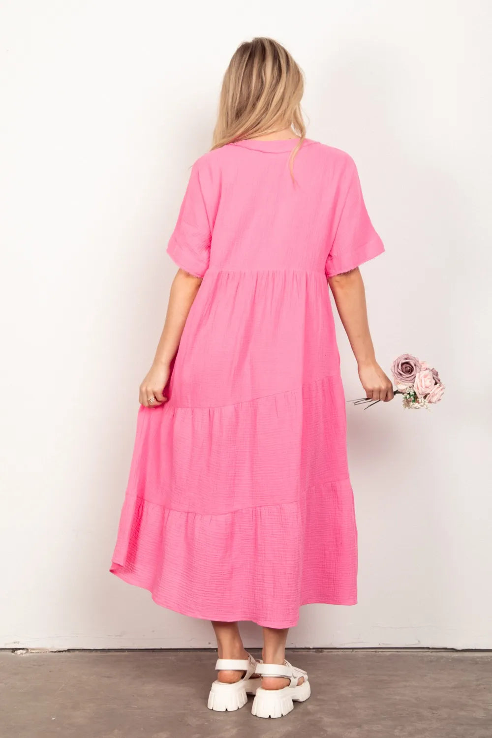VERY J Soft Crinkle Gauze Short Sleeve Midi Dress - Brittney MADE